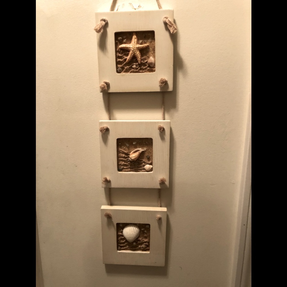 BEACH WALL DECOR 3 WOOD FRAME W ROPE WALL HOOK